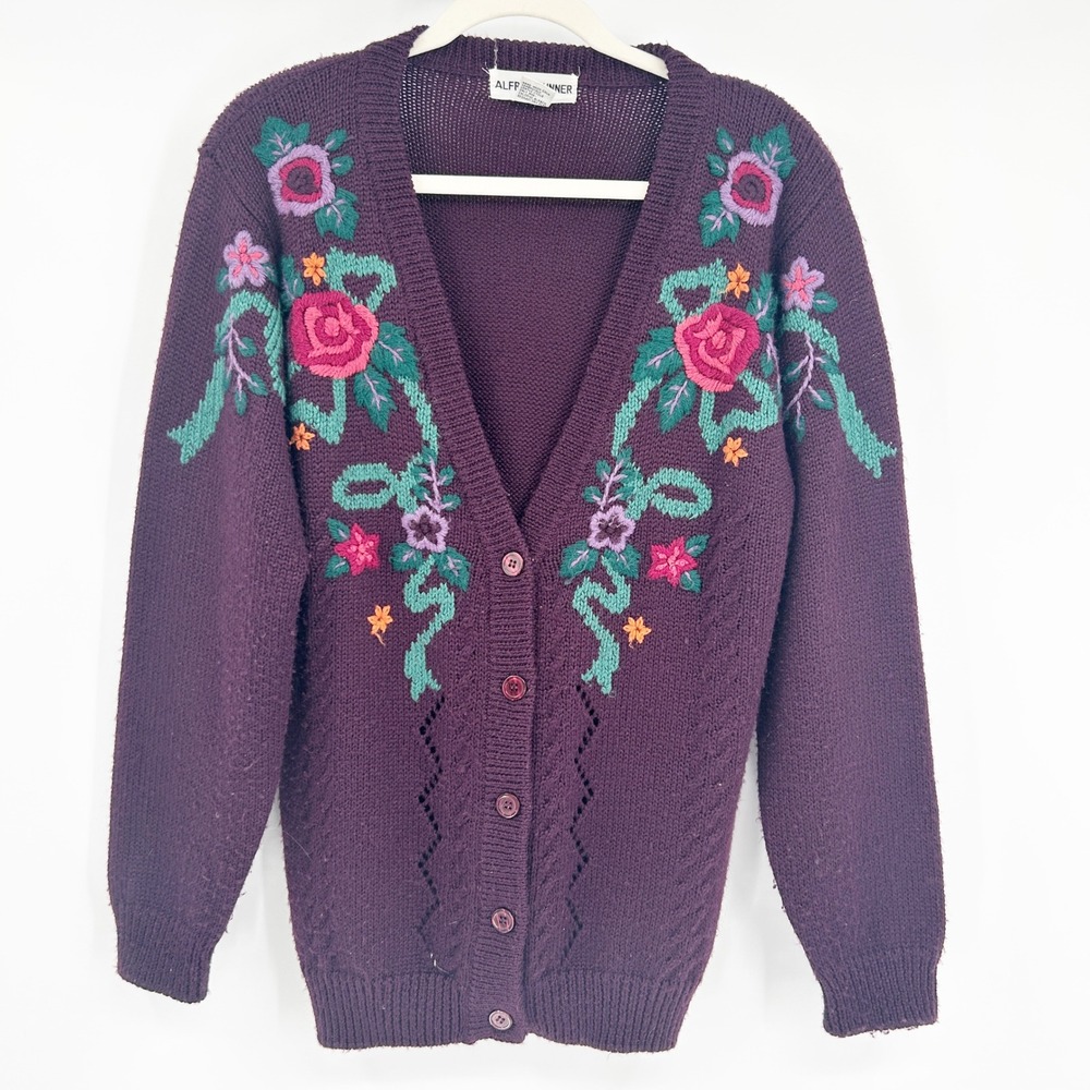 Alfred Dunner Womens Vintage Embroidered Floral Wool Blend Cardigan Sweater‎ S